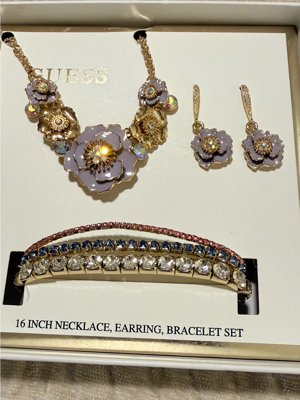 Guess Lavender Floral Necklace, Earrings & Multicolor Crystal Bracelet